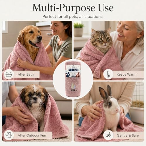 DAN RIVER Dog Towel - Pack of 1, 100% Cotton, 20x40, Ultra Soft 450 GSM, Super Absorbent & Quick Drying Towel for Dogs, Cats, and Other Pets, Dusty Rose. - color: Dusty Rose-bffs