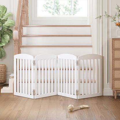 SPIRICH 96" Extra Wide 28" Tall Wooden Freestanding Foldable Dog Gate, Pet Gate Indoor, 4 Panels, White - color: Antique White, size: [4 Panels]96"W x 28"H