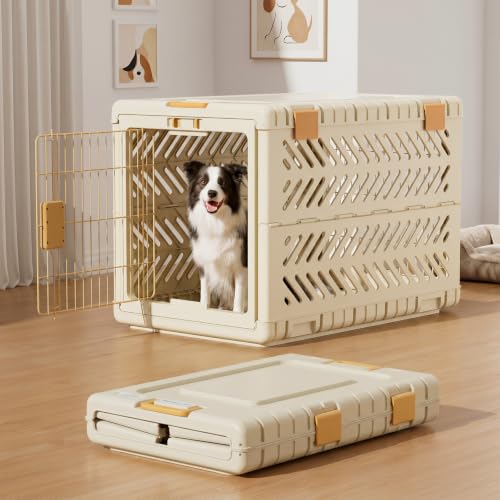 Collapsible Dog Crate for Large/Medium Dogs - 36" L Foldable Dog Cage No-Tool Assembly, Travel Dog Crate with 2 Wheels - Easy to Carry, Space-Saving, Indoor Outdoor Use, Cream, 36.4”L*22.84”W*25.8”H - color: Cream, size: 36.4"L x 22.8"W x 25.8"H