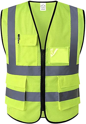5 Pockets High Visibility Reflective Safety Vest,Zipper Front, Meets ANSI/ISEA Standards - color: Yellow-mesh, size: Medium