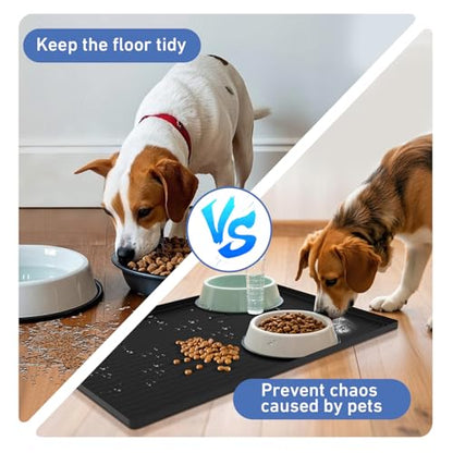 URMONA 19" x 19" Silicone Pet Feeding Mat, Dog Cat Food and Water Mat, Waterproof Raised Edge Cat Litter Box Tray, Rubber Pets Accessories, Puppy Kitty Essentials（Black）