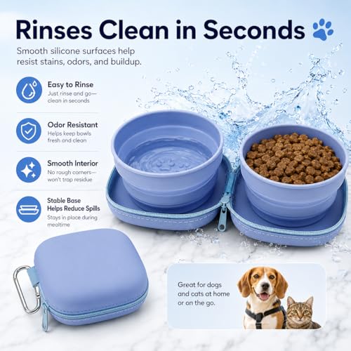 Portable Dog Bowl, Collapsible 2-in-1 Travel Dog Bowls with Carabiner Clip, Silicone Double Pet Food and Water Dish for Outdoor Camping and Hiking (Blue) - color: Blue