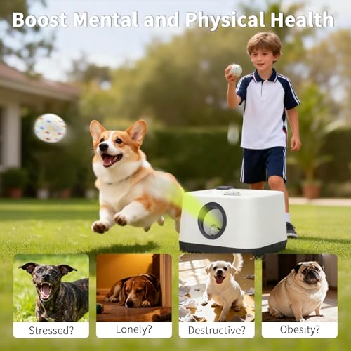 Automatic Dog Ball Launcher with Barking Function, Dual Modes (Auto/Manual) Interactive Dog Fetch Toy with 4 Adjustable Distances, Dog Balls Thrower for Small & Medium Dogs, with 4 Durable ETPU Balls - color: White and Gray