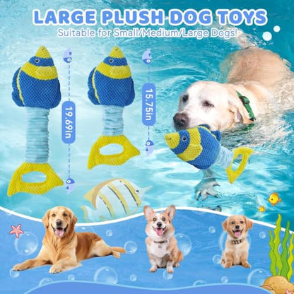 YZHDUXIU Fish Dog Squeak Toys, Elastic Band Tug of War Dog Toy with Crinkle | Plush fish with squeaker & crinkle fins; stretchy elastic band; soft PP cotton; gentle on teeth; for puppies medium adults - color: Blue Yellow Fish