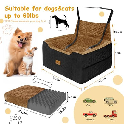 Dog Car Seat for Medium/Large Dog Booster Seat Under 60 lbs or 2 Small Dogs, Multi-Functional Pet Car Seat with Thick Cushion, 2 Safety Leashes(BlackBrown) - color: BlackBrown