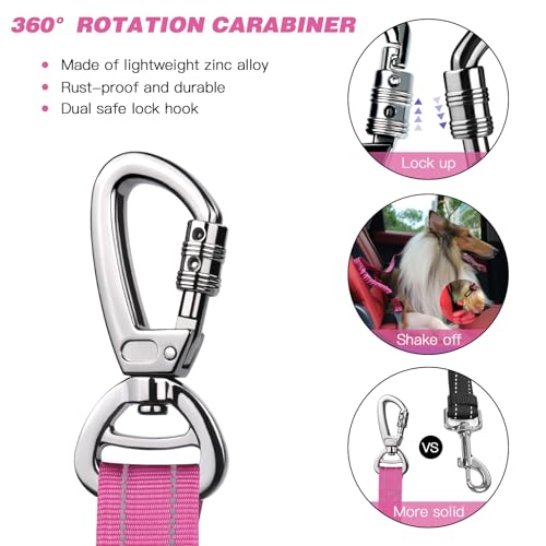 AUBELL Dog Seat Belt for Car,2 Pack Set 3-in-1 Adjustable Reflective Bungee Heavy Duty Dog Car Harness Tether with Clip Hook Latch & Buckle,Swivel Zinc Alloy Carabiner,Black+Hotpink - color: Set Black+Hotpink