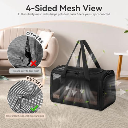 PETSFIT Soft-Sided Cat Carrier with Patented Safety Buckles, Lockable Zippers & Safety Tether,Escape-Resistant Travel Pet Carrier for Car Rides & Vet Visits, Airline Approved Under-Seat, Up to 12 lbs - color: Black, size: 18.0"L x 11.0"W x 11.0"H