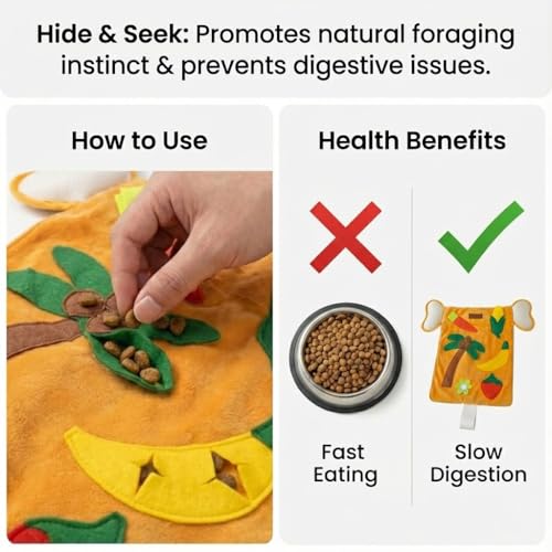 Interactive Dog Snuffle Mat with Squeaker & Crinkle Paper - Fruit Theme Slow Feeder Puzzle Pet Toy for Small Medium Dogs - Nosework Training, Stress Relief & Foraging Instinct (15" x 5")