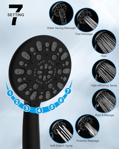 Hibbent Thickness 10'' Rain Shower Head, High Pressure Handheld Spray, Showerhead Combo with 16'' Adjustable Arc Shower Extension Arm, 7 Settings, 71'' Hose, Adhesive Shower Holder, Matte Black