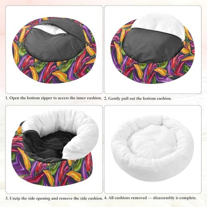 Pet Bed Chilli Pepper Sweet Cat Snuggler Soft Winter Cushion, Cozy Round Bolster Nest for Indoor Kittens & Small Pets 15" - size: X-Small