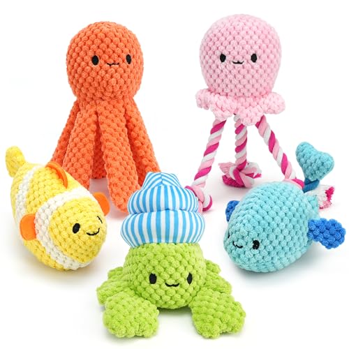 Prime Pets 5 Pack Squeaky Dog Toys, Plush Crinkle Dog Toys for Small Medium Dogs, Stuffed Tough Puppy Chew Toy to Keep Them Busy, Interactive Pet Toy