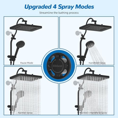 Hibbent cUPC Certified 13'' Shower Head Combo, High Pressure 5 Spray Rainfall Showerhead, 10 Spray Mode Handheld, All Metal Easy Reach 4-way Diverter Arm with Pause Mode, 71'' Hose and Holder, Black - color: Black, style: Square 13"