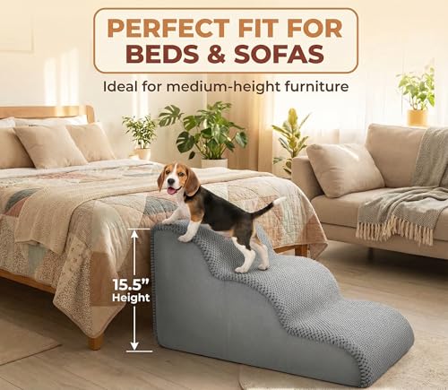 PAWZY Dog Stairs for Medium-Height Beds & Couches, 3-Step Foam Pet Steps 15.5” High for Small Dogs & Cats up to 60 lbs, Wide Non-Slip, Waterproof Washable Zipper Cover, No Assembly, Grey - size: 3 Step