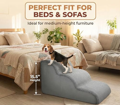 PAWZY Dog Stairs for Medium-Height Beds & Couches, 3-Step Foam Pet Steps 15.5” High for Small Dogs & Cats up to 60 lbs, Wide Non-Slip, Waterproof Washable Zipper Cover, No Assembly, Grey - size: 3 Step