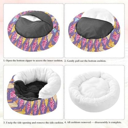 Calming Donut Dog Bed Ice Cream Purple Dot Design, 22" Washable Pet Lounger with Removable Cover, Cozy Cushion Comfort Nest for Medium Dogs - size: Medium