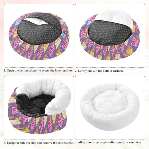 Pet Bed Ice Cream Purple Dot Print, 18" Small Dog Cuddler with Anti-Slip Bottom, Cute Pattern Round Sofa for Indoor Puppies & Kittens, All-Season Comfort - size: Small