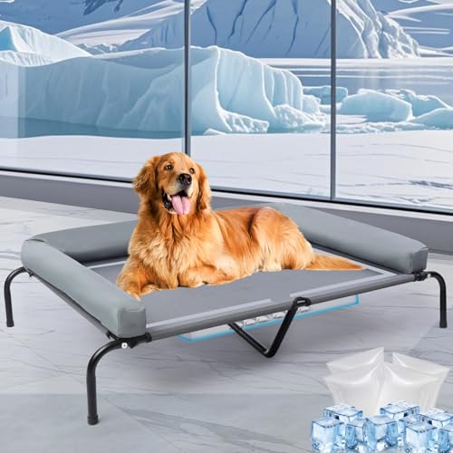 48'' Cooling Elevated Dog Bed with Pillow,Outdoor Indoor Raised Dogs Bed with Six Support Feet,Breathable Dog Cot Beds Teslin Medium Large Size Dogs,Dog Hammock Bed,Outside Pet Bed with 4 Ice Pack(L) - size: Large(48.0"L x 31.5"W x 8.0"Th)