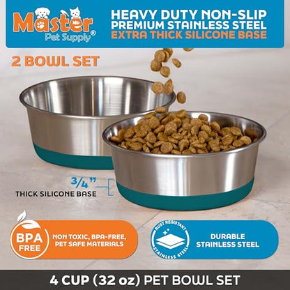 Master Pet Supply Stainless Steel Dog Bowls Set of 2 with Extra Thick Silicone Base - 4 Cup (32 oz) Emerald Sea, Non-Slip, Dishwasher Safe Metal Bowls, Pet Dog Food Bowl for Dogs, Cats, Anti Rust - color: Emerald Sea, size: 4 Cups (32 oz) 2 Pack