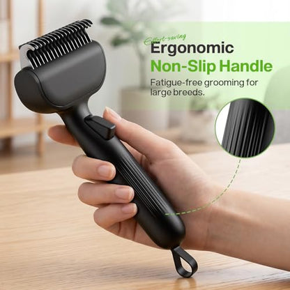 Pecute Self-Cleaning Undercoat Rake for Dogs Cats with Thick Double Coats | 1-click clean, 304SS, 18 rounded teeth, For seasonal heavy shedding & matting, Gentle on pets, Ideal for long/dense coats - color: Black