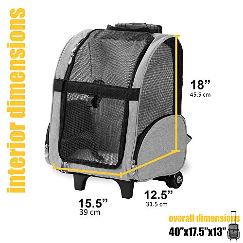 KOPEKS Deluxe Backpack Pet Travel Carrier with Double Wheels for Pets up to 18 Pounds - Grey - color: Grey, size: 17.5"L x 13.0"W x 20.0"H
