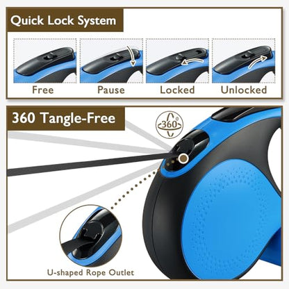 Retractable Dog Leash with Chew Proof Cable,26 ft Durable Dog Leash for Large Medium Dogs up to 110 lbs, 360° untangled, One-Handed Brake. (Blue) - color: Blue, size: 26ft
