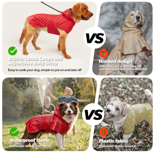 Kimee Dog Raincoat Reversible, Single Side Slicker Poncho Adjustable Waterproof Dog Rain Jacket with Leash Hole/Reflective Stripe Hooded Snowproof Windproof Clothes for Small to 3X-Large Dogs, 2XL - color: Red, size: 2X-Large
