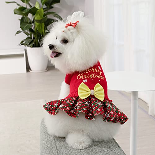 CuteBone Christmas Dog Sweater Dress Turtleneck Puppy Sweater with Bowtie Leash Hole Pullover Winter Dress for Small Dogs - color: Merry Christmas 1, size: Small