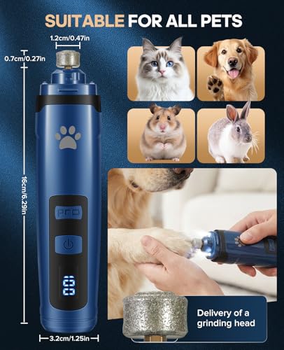 Dog Nail Grinder with 2 LED Lights, Upgraded 2-Speed Rechargeable Pet Nail Trimmer Quiet for Paw Grooming, Powerful Painless Nail Clipper Kit for Small, Medium, Large Dogs & Cats - color: Blue