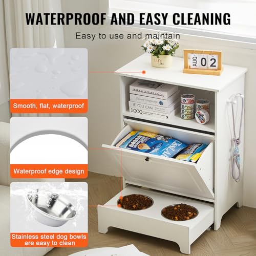 VEVOR Pet Feeding Station with 2 Elevated Dog Bowls, Raised Dog Bowls Stand with Storage, Food Cabinet with Hidden Pull-Out Bowl, Feeder Station, Pet Toy Storage Organizer for Dogs Cats, White - size: 23.62x13.78x31.38 inch