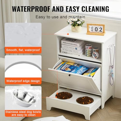 VEVOR Pet Feeding Station with 2 Elevated Dog Bowls, Raised Dog Bowls Stand with Storage, Food Cabinet with Hidden Pull-Out Bowl, Feeder Station, Pet Toy Storage Organizer for Dogs Cats, White - size: 23.62x13.78x31.38 inch