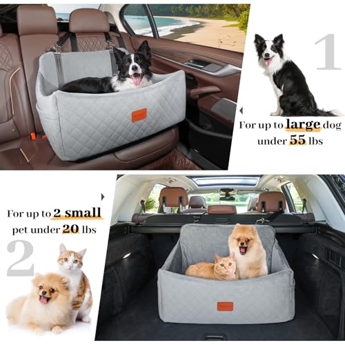 Wooaidagg Dog Car Seat for Medium & Large Dogs Up to 55lbs, Memory Foam Cushion, Washable Cover, Safety Straps & Non-Slip Base(Grey,Large) - color: GREY