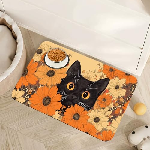 Black Cat Dog Food Mat for Floors,Fall Flower Daisy Absorbent Pet Food and Water Bowl Mats,Non-Slip Pet Feeding Mat,Pet Supplies 12" x 20" - color: Black Cat Fall Flower Daisy, size: 20"L x 12"W