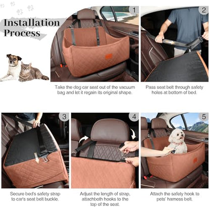 Wooaidagg Dog Car Seat for Medium & Large Dogs Up to 55lbs, Memory Foam Cushion, Washable Cover, Safety Straps & Non-Slip Base (Brown, Large) - color: Brown