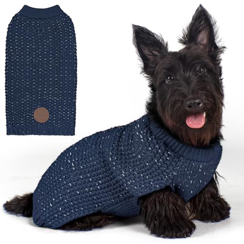 KYEESE Dog Sweater with Leash Hole Warm Pullover with Reflective Yarn for Small and Medium Dogs Male Soft Knit Pullover Boy Dog Coats Cozy Lightweight Thick Sweater,Navy Blue,Medium - color: 1# Navyblue, size: M (24-30lbs)