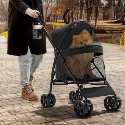 Magshion Compact Pet Stroller for Small-Medium Dogs/Cats up to 22lbs, 4-Wheel Lightweight Umbrella Shaped Portable Puppy Travel Jogger with Breathable Mesh, Cup Holder & Rear Storage, Black - color: Black, style: Up to 22 lbs