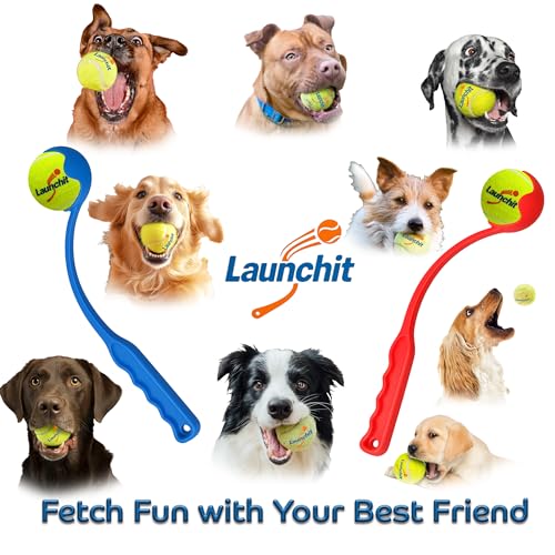 Dog Ball Launcher, Tennis Ball Thrower, Compact Design 13.8" Stick with Medium 2.5" Ball (Blue) - color: BLUE