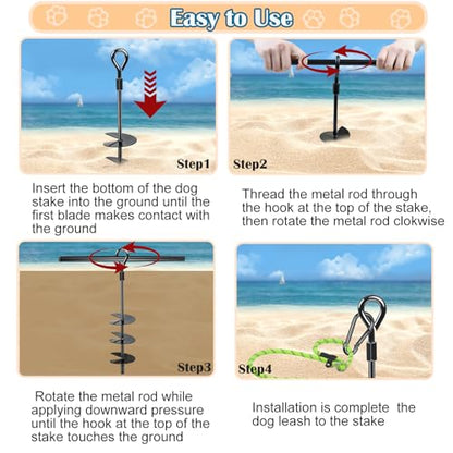 Beach Dog Stake Anchor Heavy Duty Dog Tie Out Stake 360° Swivel Dog Stake Beach Essentials for Large Dogs, Screw in Ground Dog Anchor for Sand Yard Park Camping Outside