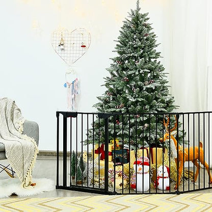 Costzon Baby Safety Gate, 121 Inch Length 5 Panel Adjustable Wide Fireplace Fence, BBQ Metal Fire Screen Gate, Pet Isolation Fence with Walk-Through Door, Freestanding Pets Gate - color: Black, size: 5-Panel