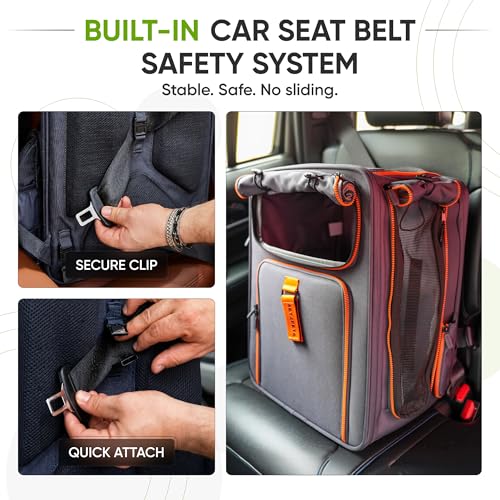 Premium Expandable Cat Carrier Backpack with Car Seat Belt Safety System – Rigid Frame Pet Carrier Backpack for Cats & Small Dogs up to 25 lbs – Breathable, Durable – Includes Bottle & Feeding Bowl - color: gray/orange