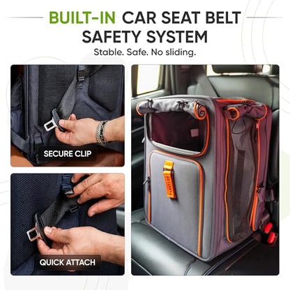 Premium Expandable Cat Carrier Backpack with Car Seat Belt Safety System – Rigid Frame Pet Carrier Backpack for Cats & Small Dogs up to 25 lbs – Breathable, Durable – Includes Bottle & Feeding Bowl - color: gray/orange
