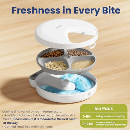 PawsPik Smart 4-Meal Automatic Pet Feeder – Programmable Timer for Wet & Dry Food, Cordless, with Ice Packs – Dog & Cat Feeder, White, 4-Cup Capacity