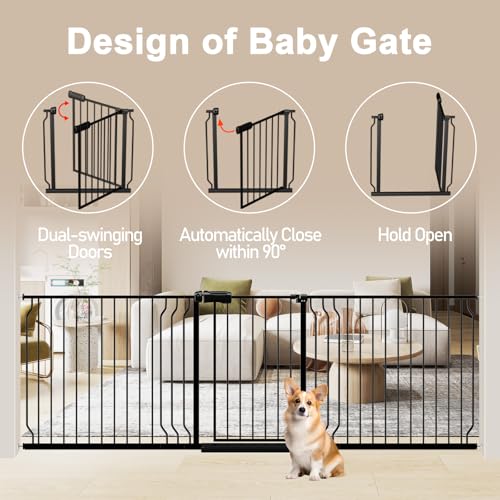 WAOWAO Baby Gate 254-277.9cm(100-110인치) 엑스트라 와이드 압력 장착 워크 스루 스윙 자동 닫힘 안전 블랙 메탈 유아 어린이 개 애완동물 강아지 계단, 출입구, 주방용 - color: 블랙., size: 100-109.45"/254-278cm