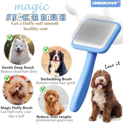 Dog Slicker Brushes for Poodles,Doodles,Goldendoodles,Bernedoodle.Dog Brushes for Thick Long Curly Fur Deshedding,Fluff,Grooming.Remove Loose Fur Quick Easy.Long Pin Slicker Brush.Wooden(Large) - color: Blue