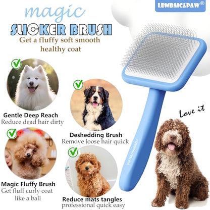 Dog Slicker Brushes for Poodles,Doodles,Goldendoodles,Bernedoodle.Dog Brushes for Thick Long Curly Fur Deshedding,Fluff,Grooming.Remove Loose Fur Quick Easy.Long Pin Slicker Brush.Wooden(Large) - color: Blue