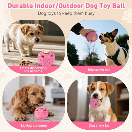 Interactive Dog Frozen Treat Toys, Dog Puzzle Enrichment Ball to Keep Them Busy, Slow Food Training, Durable Rubber Chew Dispensing Toy, Freezable Fillable Ball, for Small Medium Large Dogs (Pink) - color: Pink