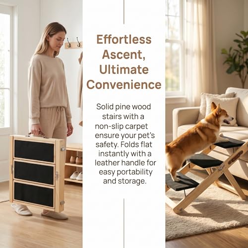 2-in-1 Dog Stairs Ramp – Foldable Pet Steps for Small Dogs | Collapsible Wooden Pet Ramp, 4 Adjustable Heights, Non-Slip High Traction Fabric Surface, Portable Solid Pine Wood Steps - size: X Trumpet