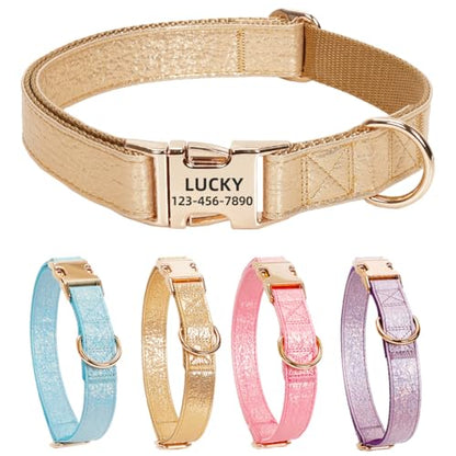 Glare Gold Personalized Dog Collars Leather and Nylon Thicken Design Engraved Heavy Duty Dog Collar with Name Plate Adjustable with Quick Release Metal Buckle for Small Medium Large Dogs,M - color: Gold - Personalized, size: M-(neck adjustable 12.6-19.3"