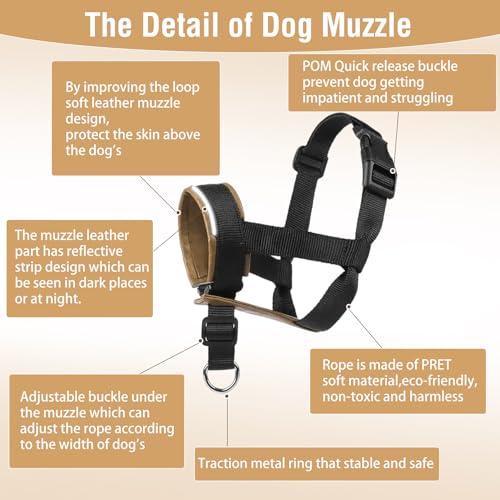Dog Muzzle,Adjustable Loop Pets Muzzle Soft Leather Protect Skin Puppy Muzzles Prevent Biting Chewing Barking Allow Panting Drinking,Not Include Dog Collar (Khaki, Small) - color: Khaki, size: Small