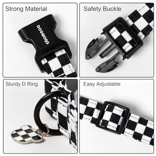 DOGWONG Checkered Dog Collar, Black Plaid Dog Collar Adjustable Soft Natural Fabric Pet Dog Collars Cute Puppy Necklace for Small Medium Large Dogs - color: B: Black Plaid, size: X-Small