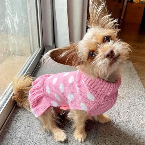 KYEESE Valentines Dog Sweater Dress, Warm Dog Sweaters for Small Dogs Girl Dogs Clothes, Pullover Cozy Knit Pet Apparel with Leash Hole, Pink Dot, M - color: 03# Polkadot (Pink), size: Medium (6-13lbs)